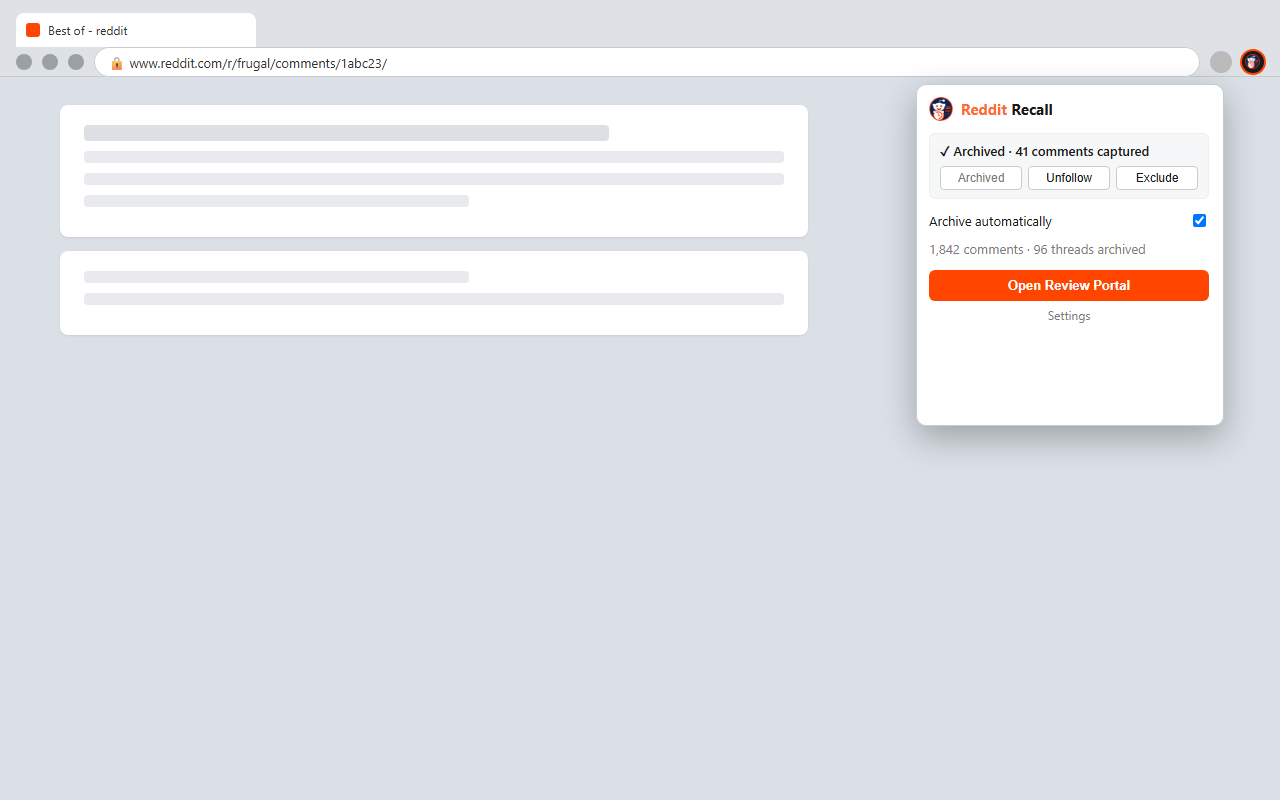 Reddit Recall toolbar popup showing a thread has already been archived