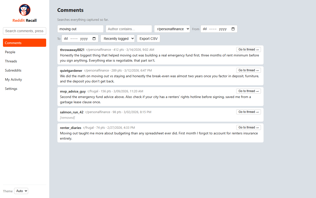 Comments view: a searchable archive of every comment you've read, filterable by keyword, author, subreddit, and date