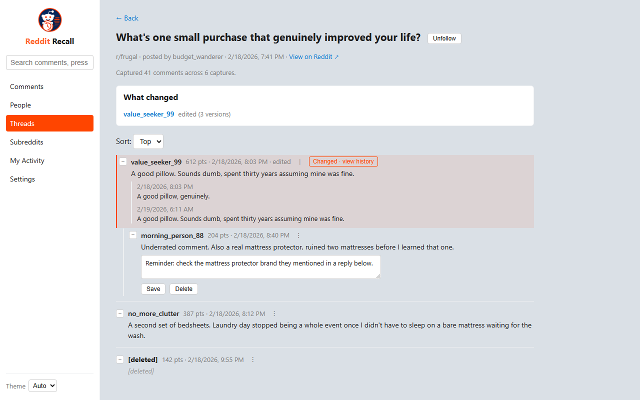 Thread detail view showing a nested comment tree, an edited comment's history, and a saved note