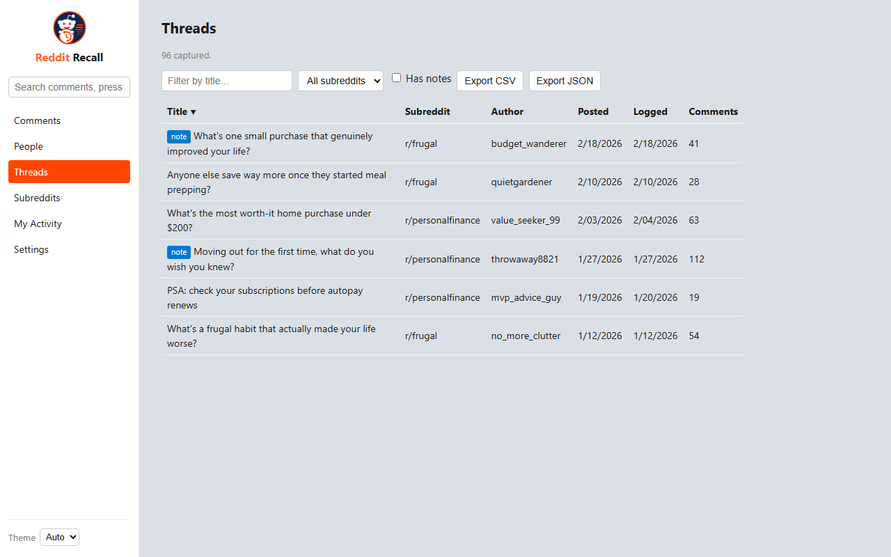 Threads view: every thread you've archived, with post, subreddit, author, and comment counts